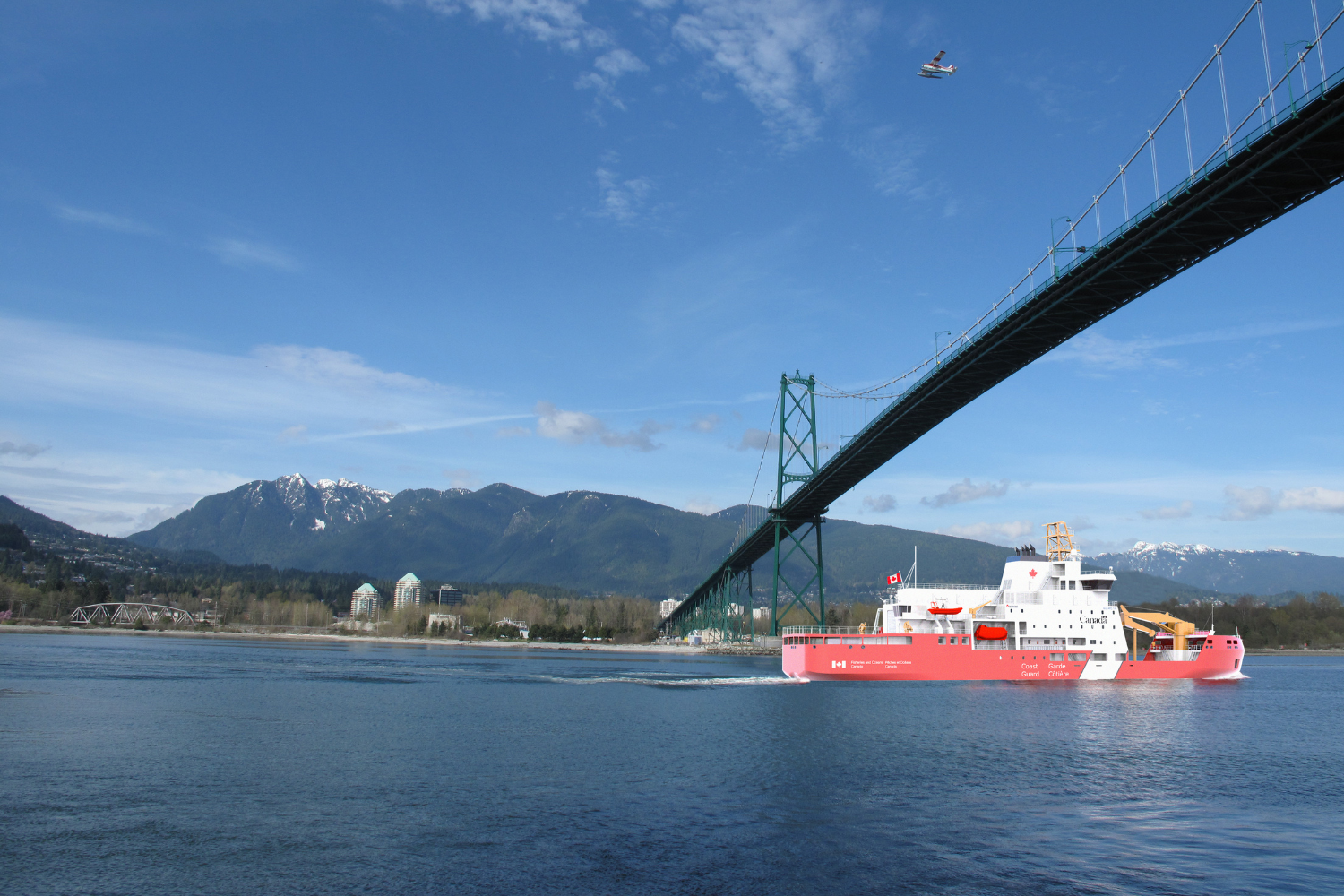 Icebreaker in the river under the bridge